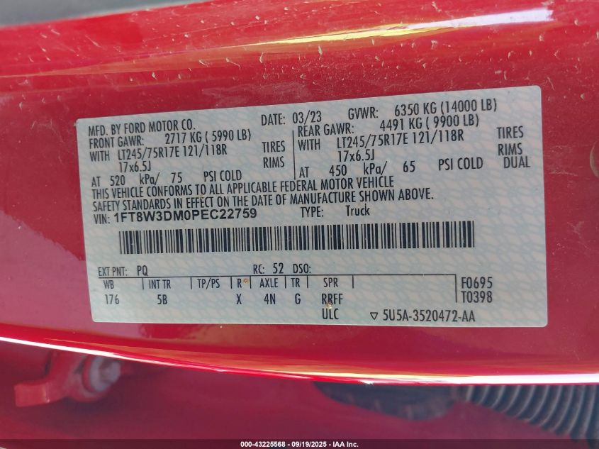 2023 Ford F-350 Lariat VIN: 1FT8W3DM0PEC22759 Lot: 43225568