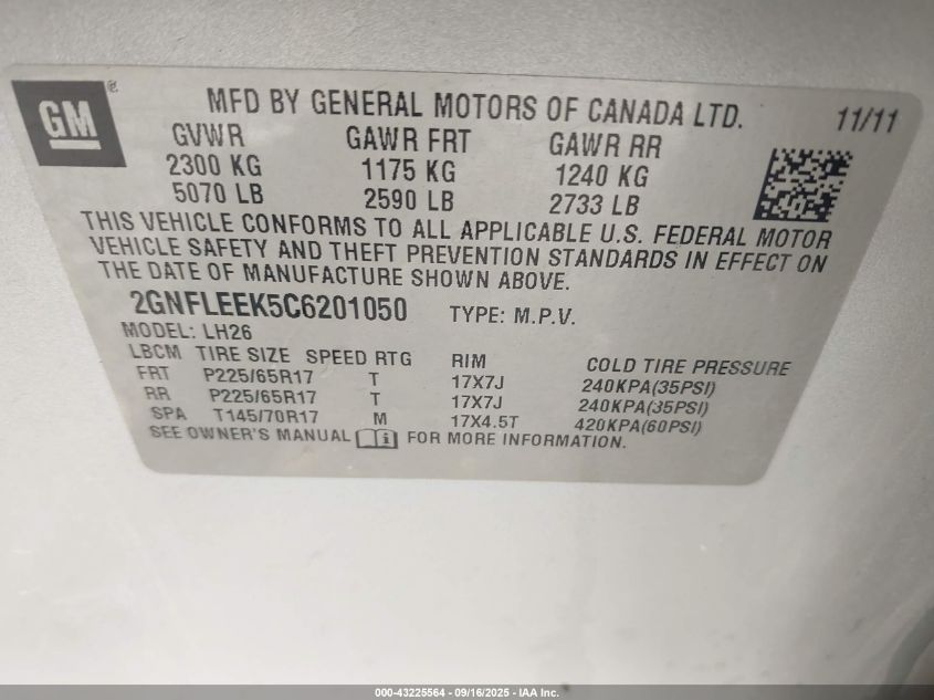 2012 Chevrolet Equinox Lt VIN: 2GNFLEEK5C6201050 Lot: 43225564