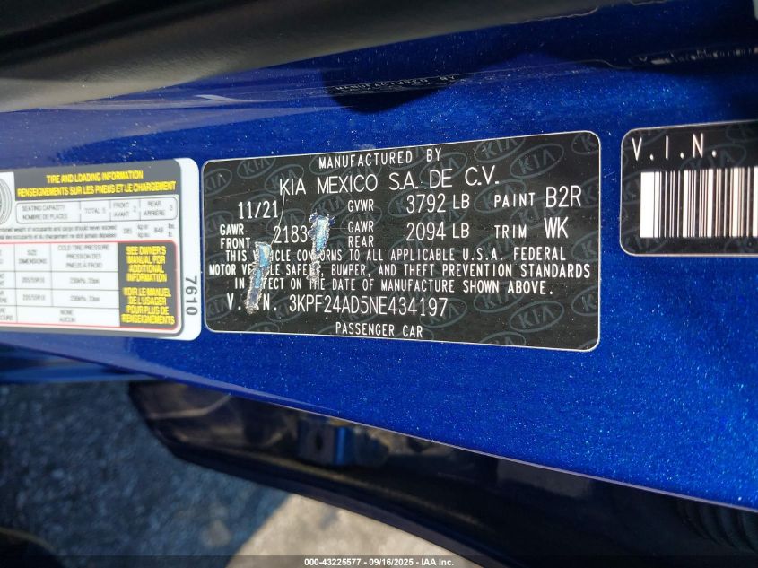 2022 Kia Forte Lxs VIN: 3KPF24AD5NE434197 Lot: 43225577