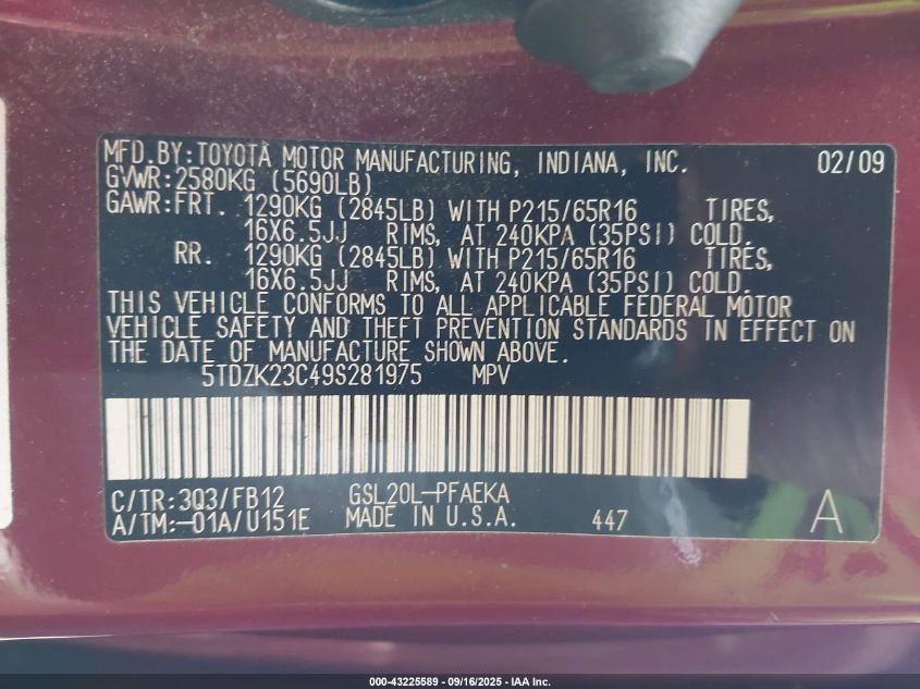 2009 Toyota Sienna Ce VIN: 5TDZK23C49S281975 Lot: 43225589