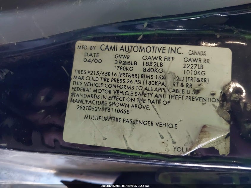 2000 Suzuki Vitara Jlx/Jx VIN: 2S3TD52V6Y6110658 Lot: 43225593