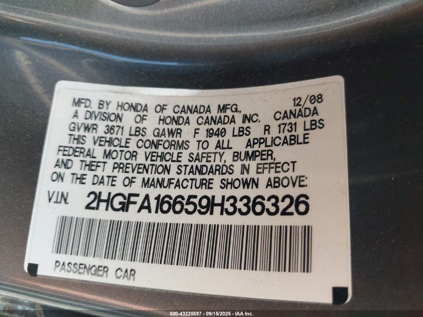 2009 Honda Civic Lx-S VIN: 2HGFA16659H336326 Lot: 43225597