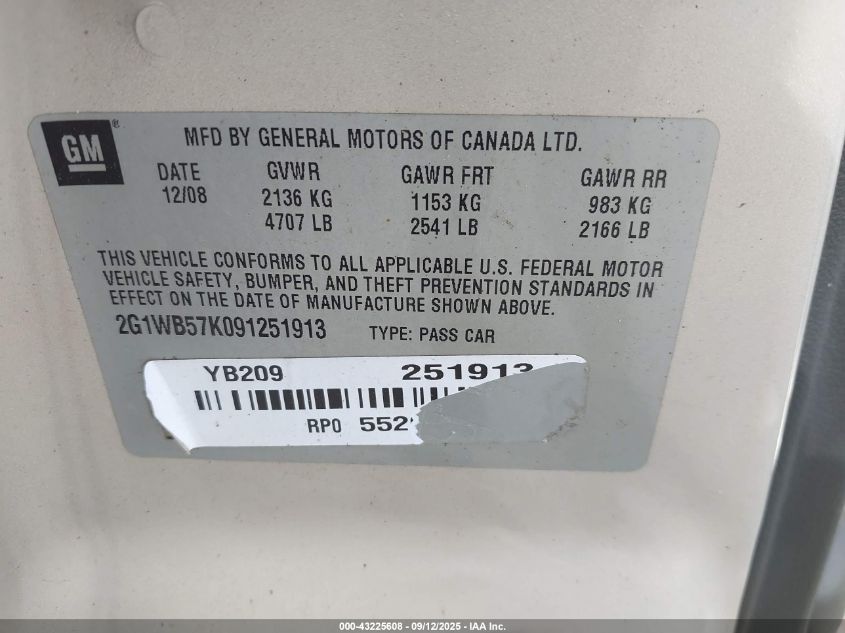 2009 Chevrolet Impala Ls VIN: 2G1WB57K091251913 Lot: 43225608