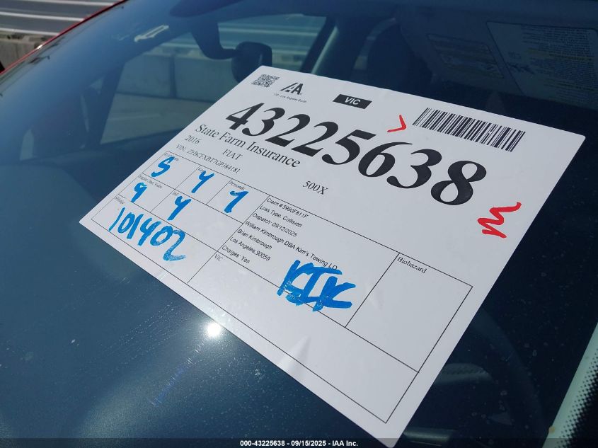 2016 Fiat 500X Easy VIN: ZFBCFXBT7GP384181 Lot: 43225638