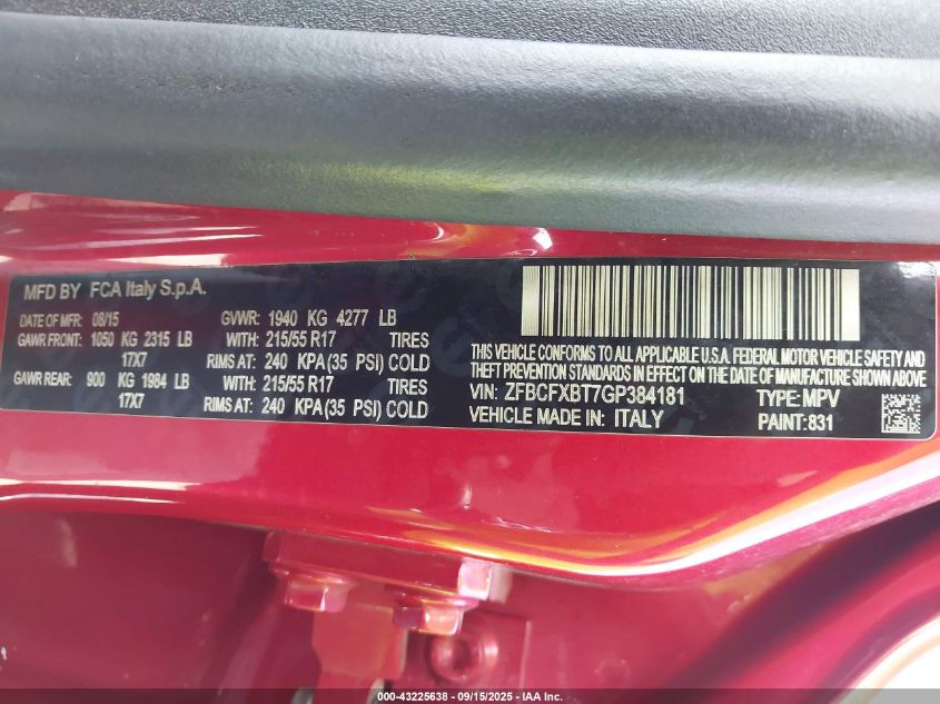 2016 Fiat 500X Easy VIN: ZFBCFXBT7GP384181 Lot: 43225638