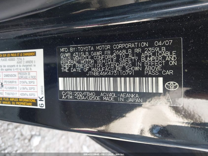 2007 Toyota Camry Le VIN: JTNBE46K473110791 Lot: 43225648