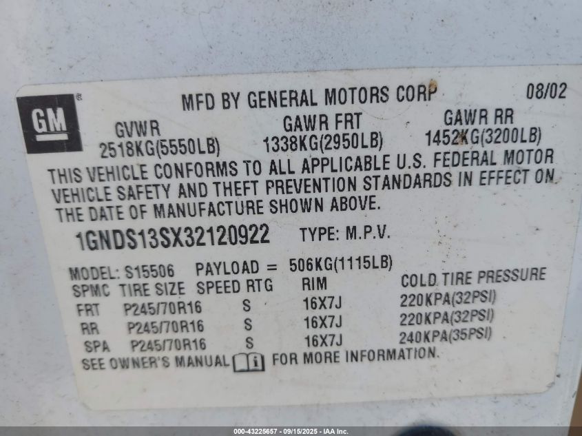 2003 Chevrolet Trailblazer Ls VIN: 1GNDS13SX32120922 Lot: 43225657