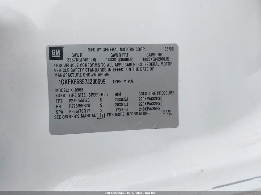 2007 GMC Yukon Xl 1500 Denali VIN: 1GKFK66857J206699 Lot: 43225663