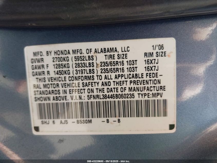 2006 Honda Odyssey Ex VIN: 5FNRL38446B060235 Lot: 43225680