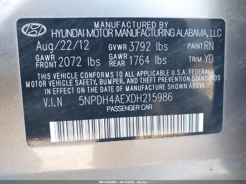 2013 Hyundai Elantra Gls/Limited VIN: 5NPDH4AEXDH215986 Lot: 43225687