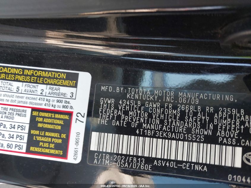 2010 Toyota Camry Le VIN: 4T1BF3EK9AU015525 Lot: 43225704