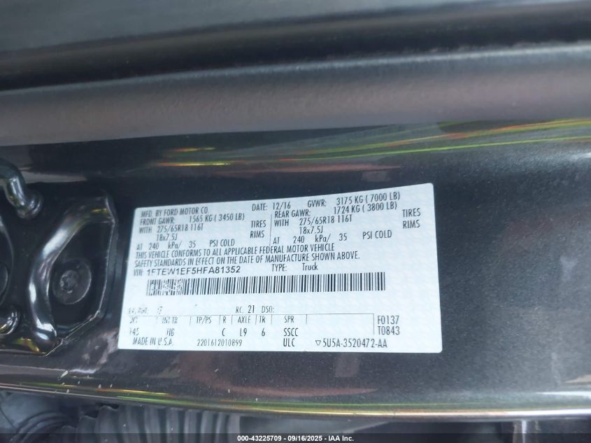 2017 Ford F-150 Lariat VIN: 1FTEW1EF5HFA81352 Lot: 43225709
