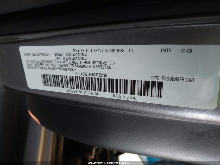 2008 Subaru Legacy 2.5I Limited VIN: 4S3BL626287221395 Lot: 43225711