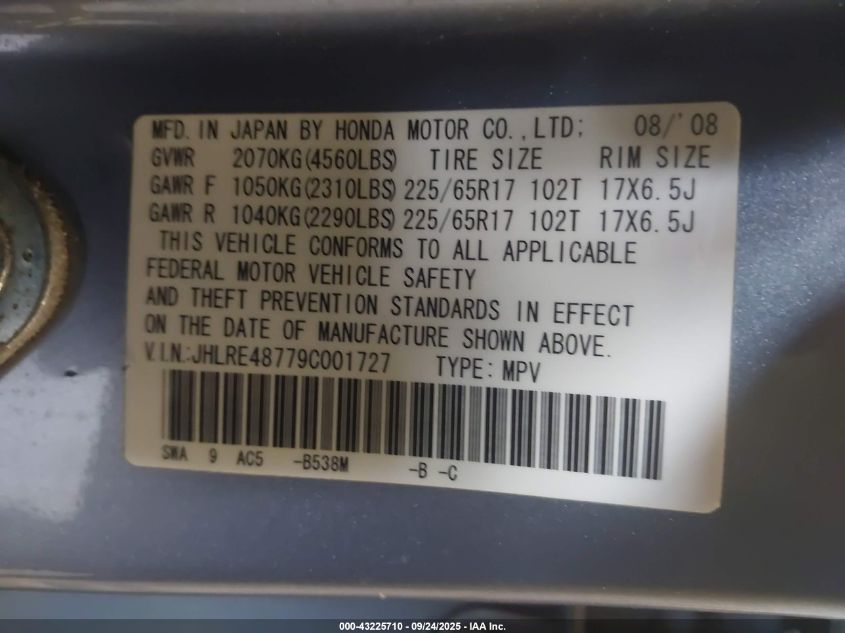 2009 Honda Cr-V Ex-L VIN: JHLRE48779C001727 Lot: 43225710