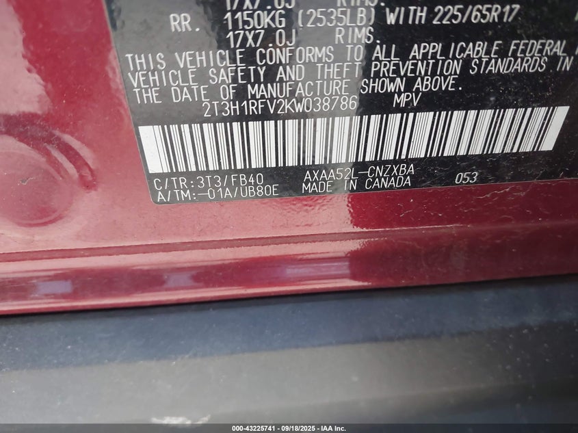 2019 TOYOTA RAV4 LE - 2T3H1RFV2KW038786