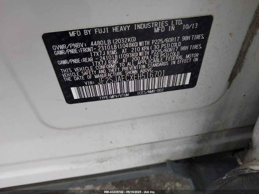 2014 Subaru Forester 2.5I Premium VIN: JF2SJAECXEH516701 Lot: 43225742