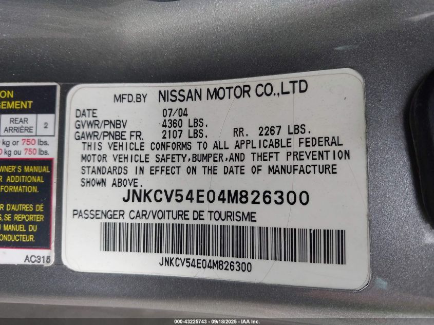 2004 Infiniti G35 VIN: JNKCV54E04M826300 Lot: 43225743