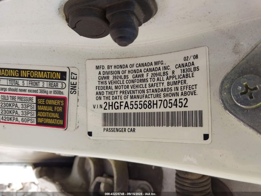 2008 Honda Civic Si/Si Mugen VIN: 2HGFA55568H705452 Lot: 43225748