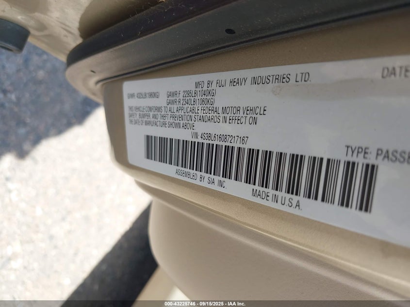 2008 Subaru Legacy 2.5I VIN: 4S3BL616087217167 Lot: 43225746