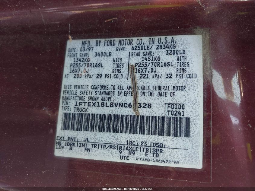 1997 Ford F-150 Lariat/Xl/Xlt VIN: 1FTEX18L8VNC65328 Lot: 43225753