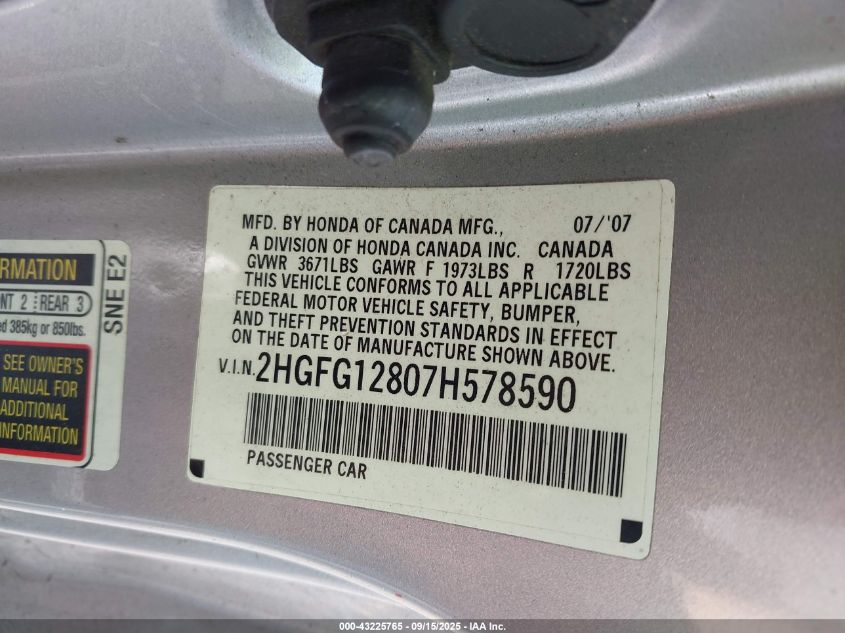 2007 Honda Civic Ex VIN: 2HGFG12807H578590 Lot: 43225765