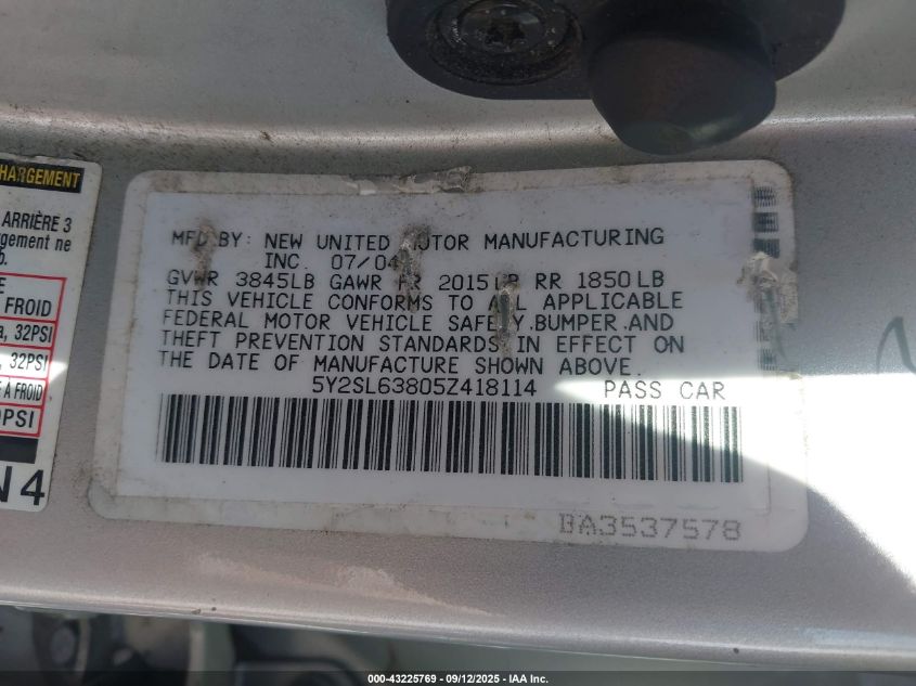 2005 Pontiac Vibe VIN: 5Y2SL63805Z418114 Lot: 43225769