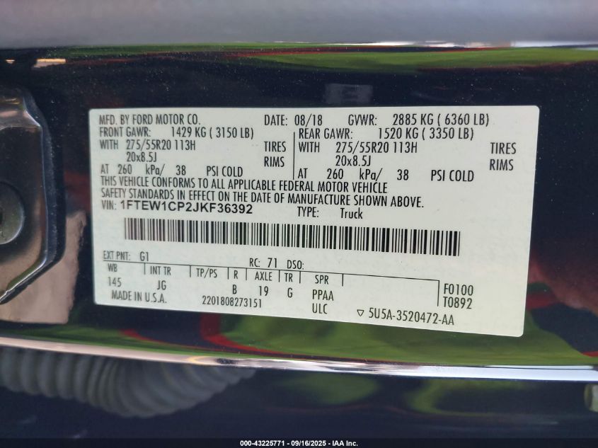 2018 Ford F-150 Xl VIN: 1FTEW1CP2JKF36392 Lot: 43225771