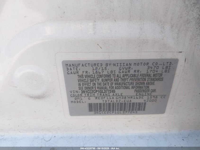 2016 Nissan Versa Note S (Sr)/S Plus/Sl/Sr/Sv VIN: 3N1CE2CP1GL377245 Lot: 43225795