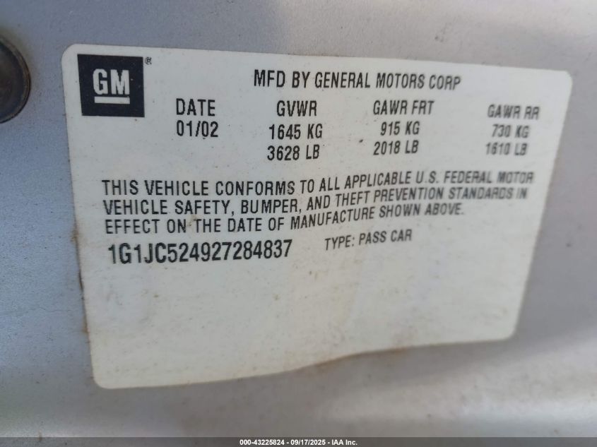 2002 Chevrolet Cavalier VIN: 1G1JC524927284837 Lot: 43225824