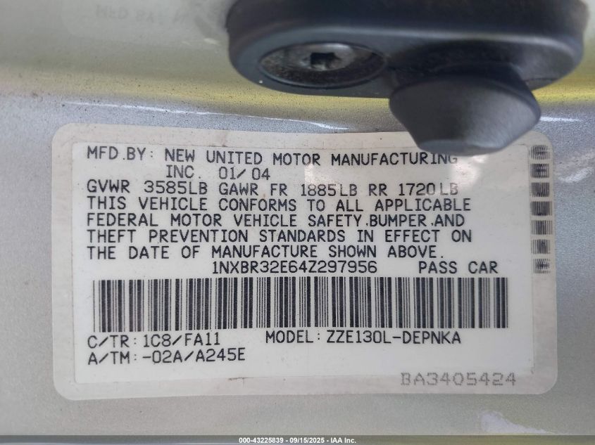 2004 Toyota Corolla Le VIN: 1NXBR32E64Z297956 Lot: 43225839