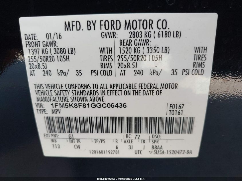 2016 Ford Explorer Limited VIN: 1FM5K8F81GGC06436 Lot: 43225857