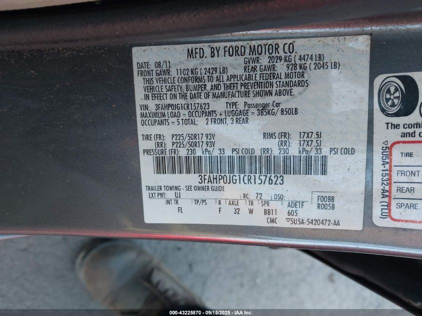 2012 Ford Fusion Sel VIN: 3FAHP0JG1CR157623 Lot: 43225870