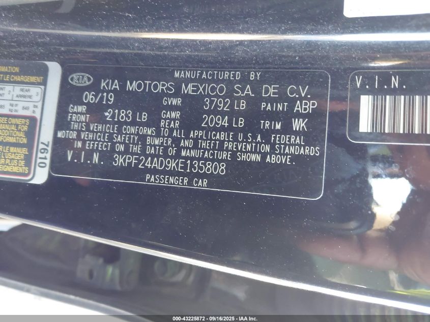 2019 Kia Forte Fe/Lx/Lxs VIN: 3KPF24AD9KE135808 Lot: 43225872