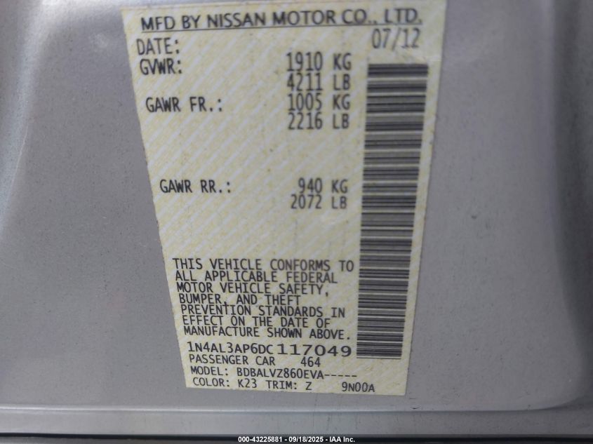 2013 Nissan Altima 2.5 Sl VIN: 1N4AL3AP6DC117049 Lot: 43225881