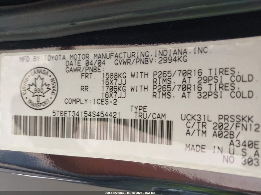 2004 Toyota Tundra Sr5 V8 VIN: 5TBET34154S454421 Lot: 43225887