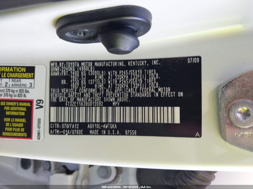 2009 Toyota Venza VIN: 4T3ZE11A39U012092 Lot: 43225894