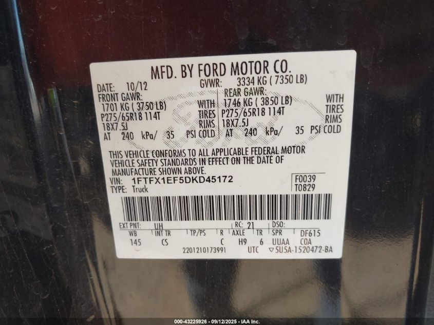 2013 Ford F-150 Stx VIN: 1FTFX1EF5DKD45172 Lot: 43225926