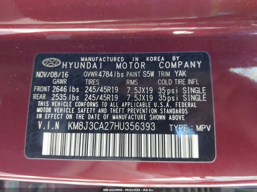 2017 Hyundai Tucson Limited VIN: KM8J3CA27HU356393 Lot: 43225958