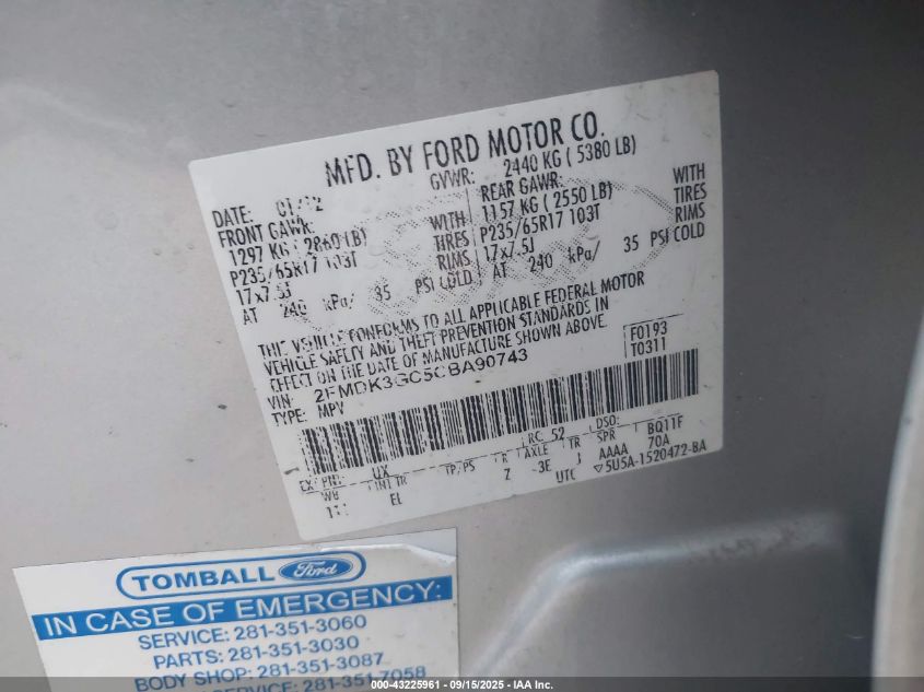 2012 Ford Edge Se VIN: 2FMDK3GC5CBA90743 Lot: 43225961