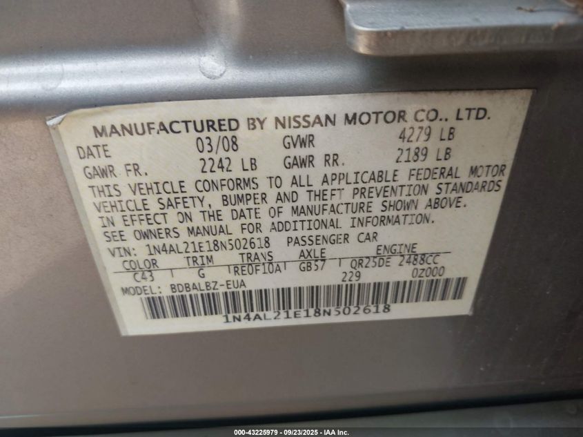 2008 Nissan Altima 2.5 S VIN: 1N4AL21E18N502618 Lot: 43225979
