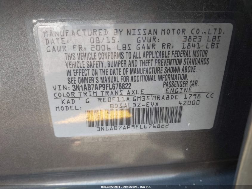 2015 Nissan Sentra Sv VIN: 3N1AB7AP9FL676822 Lot: 43225981