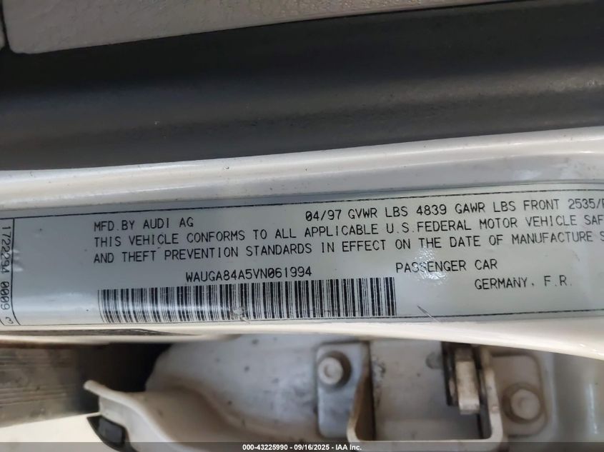 1997 Audi A6 VIN: WAUGA84A5VN061994 Lot: 43225990
