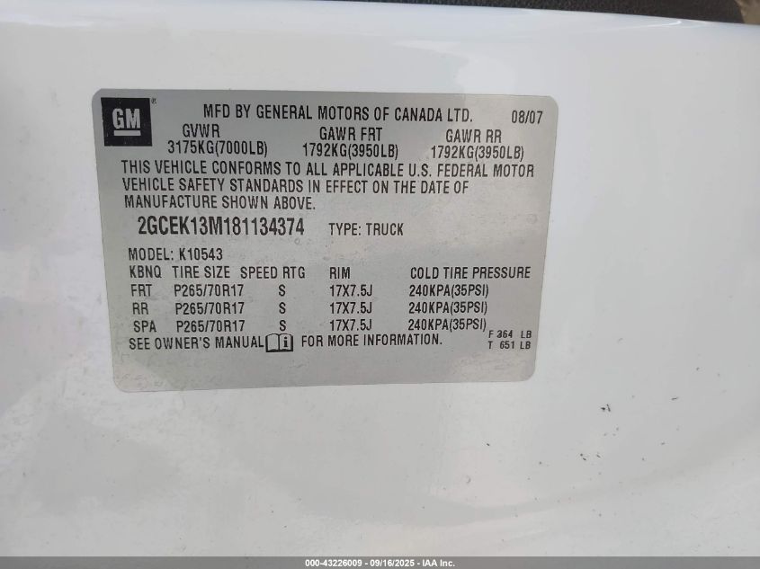 2008 Chevrolet Silverado 1500 Lt1 VIN: 2GCEK13M181134374 Lot: 43226009
