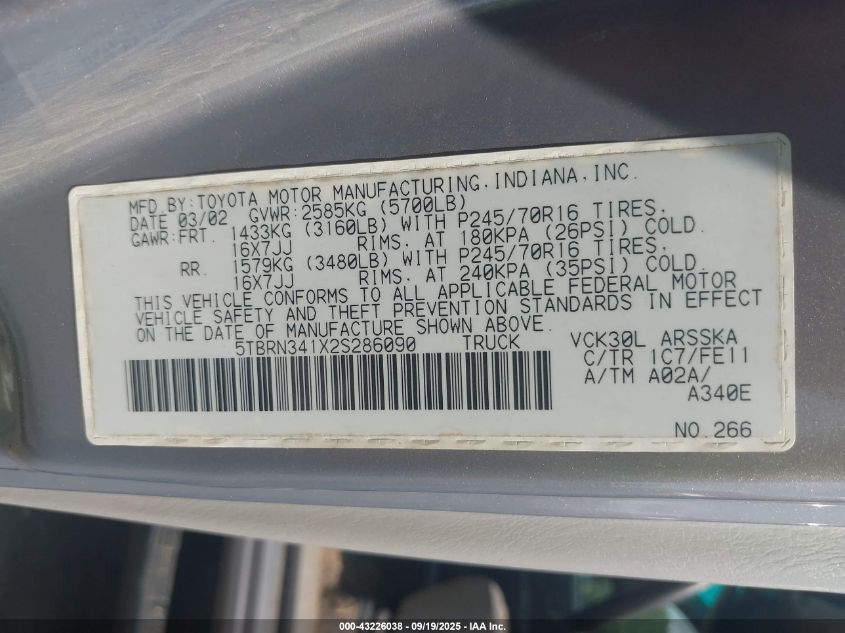 2002 Toyota Tundra Sr5 VIN: 5TBRN341X2S286090 Lot: 43226038