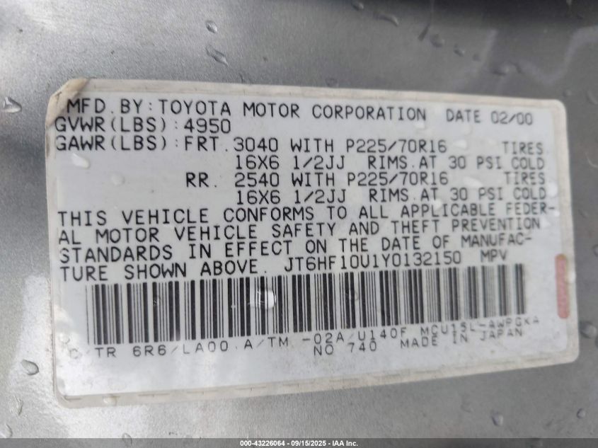 2000 Lexus Rx 300 VIN: JT6HF10U1Y0132150 Lot: 43226064