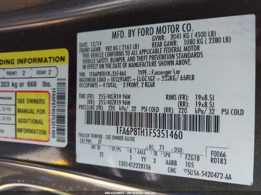 2015 Ford Mustang Ecoboost VIN: 1FA6P8TH1F5351460 Lot: 43226083