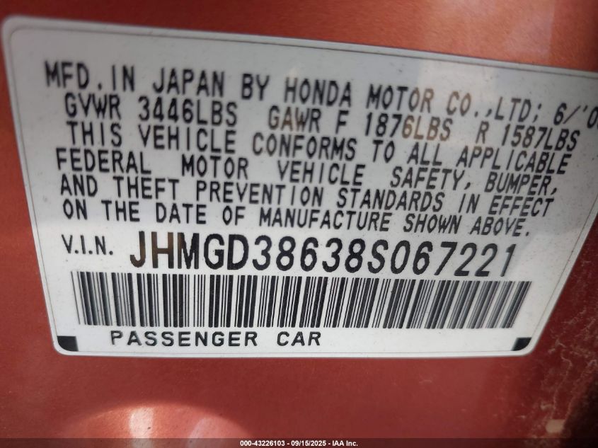 2008 Honda Fit Sport VIN: JHMGD38638S067221 Lot: 43226103