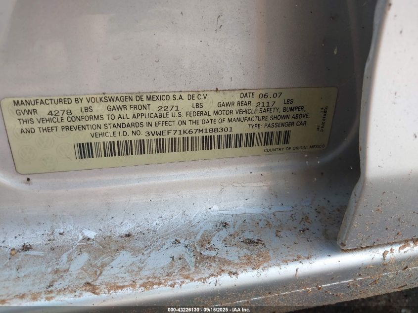 2007 Volkswagen Jetta Wolfsburg Edition VIN: 3VWEF71K67M188301 Lot: 43226130