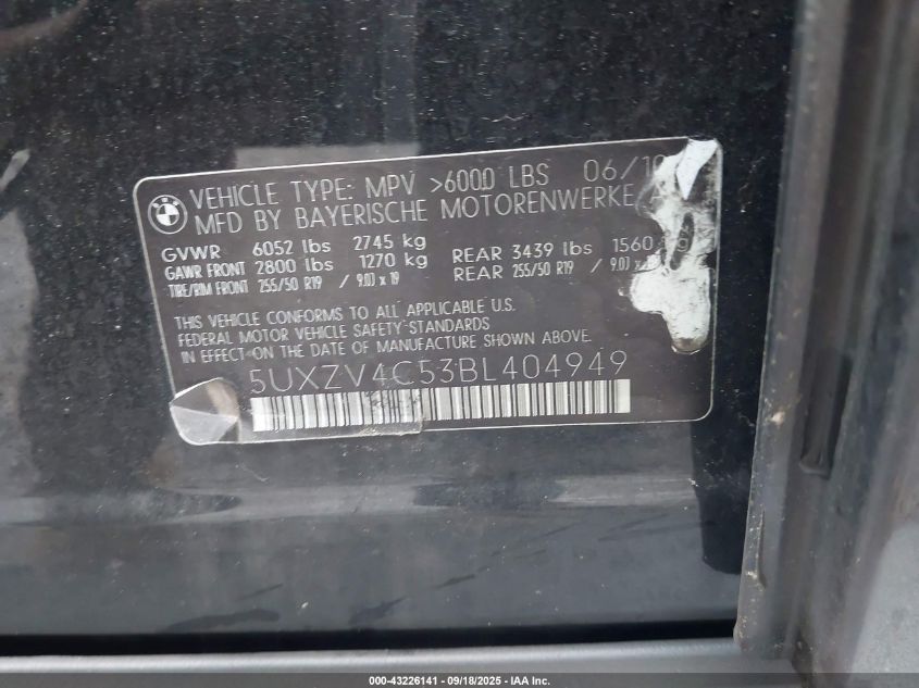 2011 BMW X5 xDrive35I/xDrive35I Premium/xDrive35I Sport Activity VIN: 5UXZV4C53BL404949 Lot: 43226141