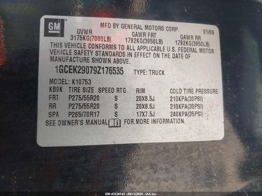 2009 Chevrolet Silverado 1500 Lt VIN: 1GCEK29079Z176535 Lot: 43226143